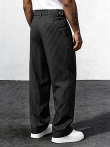 Manfinity Mode Men's Black Striped Suit Pants, Light Business Casual Loose Fit Fashion Versatile Long Pants - Black - View 2