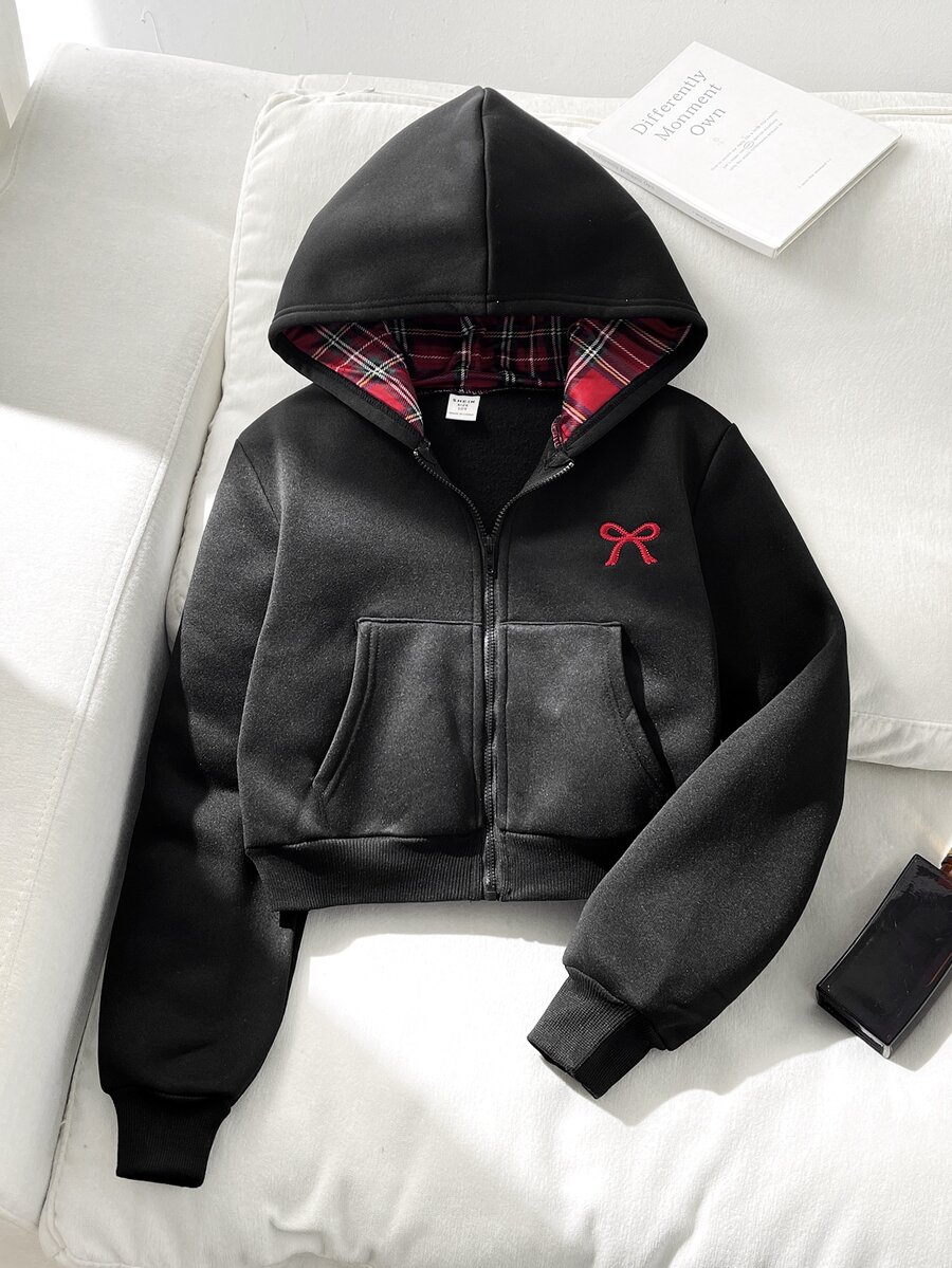 SHEIN 兒童青少年女孩寬鬆極簡風時尚街頭連帽衛衣 秋季外套 開學穿搭 - 黑色 - 查看 1