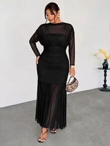 Firerie Plus Size Women Solid Color Pleated Casual Party Dress Fall - Black - View 7