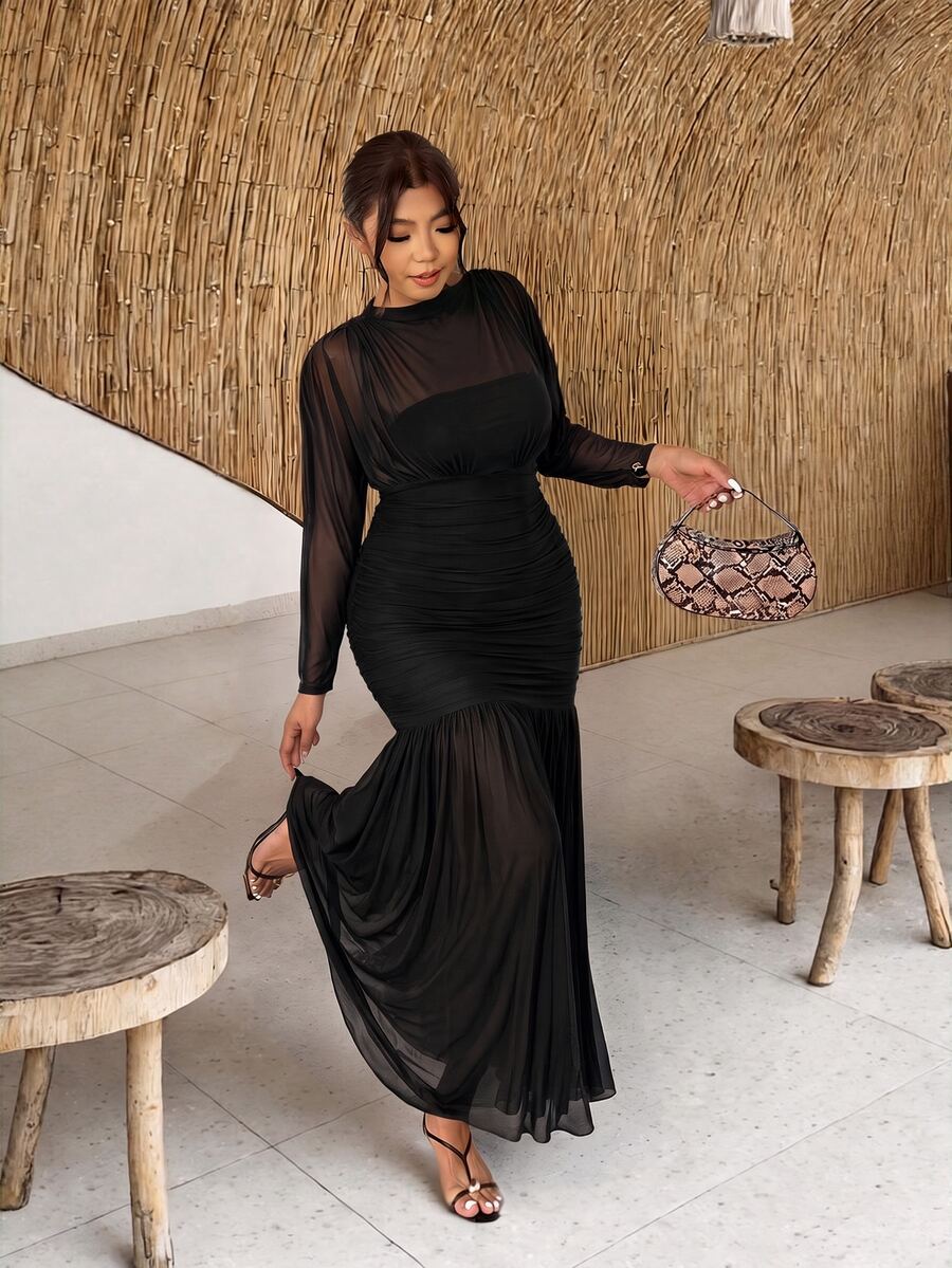 Firerie Plus Size Women Solid Color Pleated Casual Party Dress Fall
