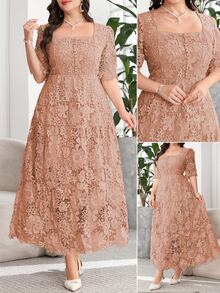 Reflora Plus Size Women's Lace Casual Romantic Elegant Party Wedding Formal Evening Dress Dusty Blue Summer - Dusty Pink - View 3