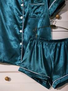 LuxeNights 女款純色前開扣貼袋飾邊短袖短褲睡衣套裝家居服 - 墨綠色 - 查看 6