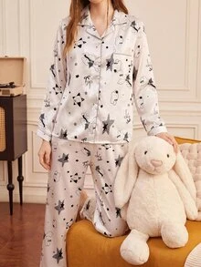 Provexi Provexi Women's Long Sleeve Long Pants Cartoon Print 2 Pieces Pajama Set - White - View 5