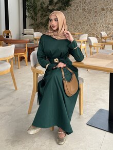 Solavon Women's Solid Color Metal Decor Casual Modest Elegant Party Office Tea Party Long Dress Dark Green Autumn - Dark Green - View 5
