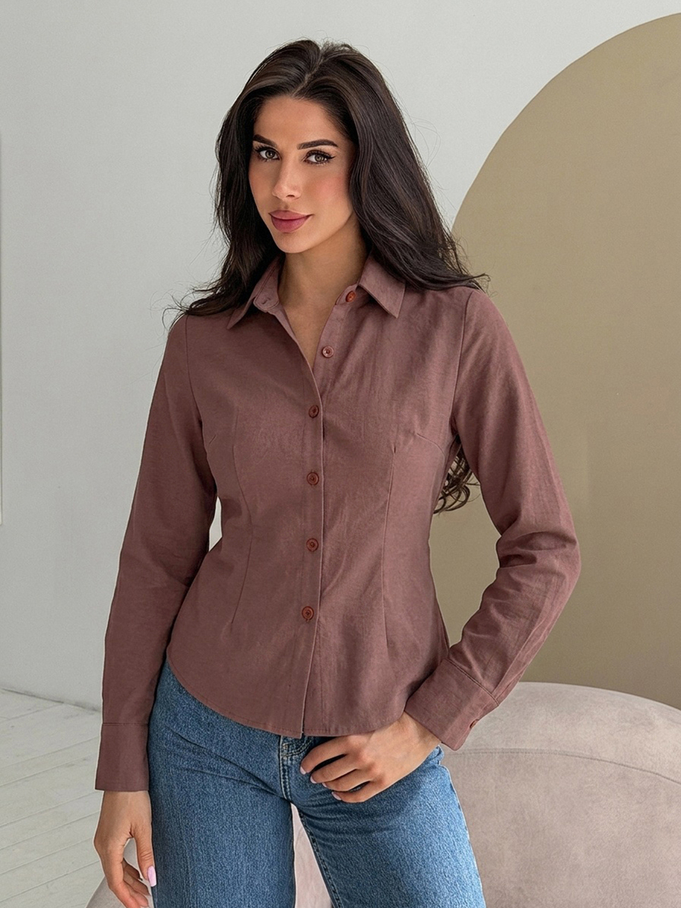 Solid Color Fitted Waist Long Sleeve Elegant Formal Old Money Summer Blouse For Women