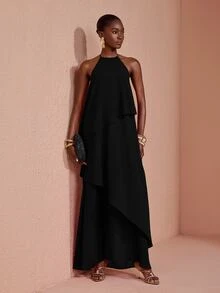 JIAN LASALA Black Chiffon Halter Neck Sleeveless Overlapped Ruffle Hem Long Dress Party Elegant Vacation - Black - View 5