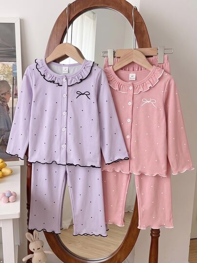 2-Piece Girls Toddler Round Neck Long Sleeve & Long Pants Purple & Pink Polka Dot Autumn/Winter Pajamas Soft Lightweight Ribbed Knit Everyday Homewear