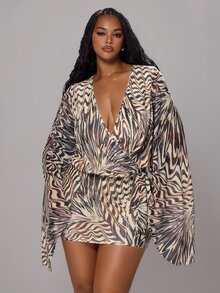 Rustia Summer New Sexy Mesh Deep V-Neck Digital Print Fitted Mini Plus Size Dress Fall - Multicolor - View 1