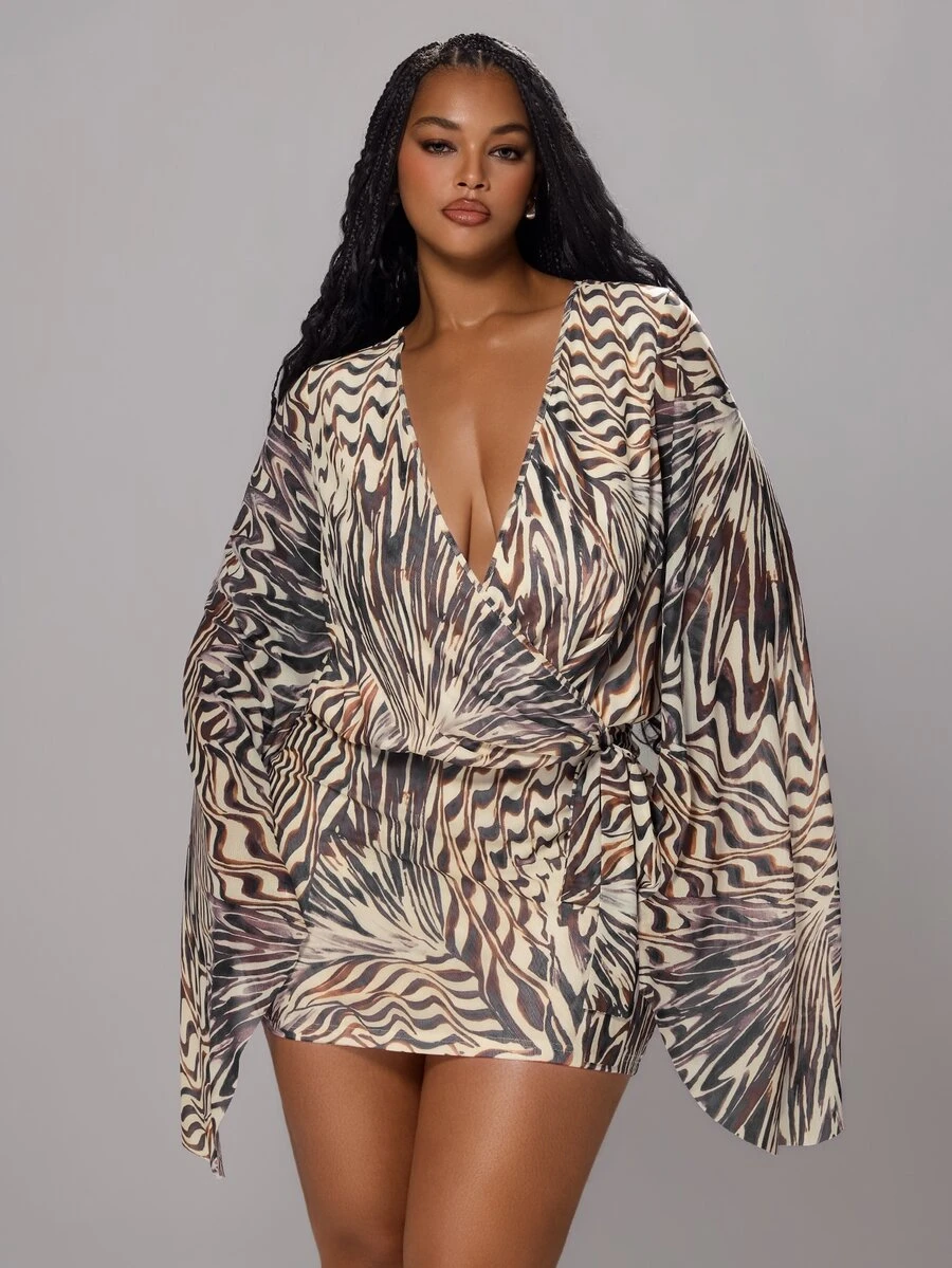 Rustia Summer New Sexy Mesh Deep V-Neck Digital Print Fitted Mini Plus Size Dress Fall - Multicolor - View 1