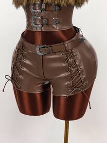 Amplova Women's Solid Color Tie-Up Design Casual Versatile Daily Wear Shorts - Brown - View 2