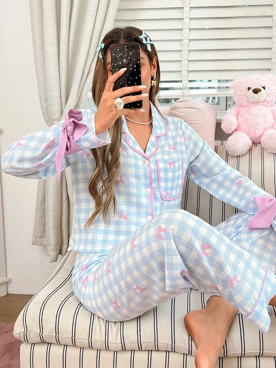 SweetSlumber Women's Plaid Bow Pattern Long Sleeve Single-Breasted Top And Pants Pajama Set - Multicolor - View 1