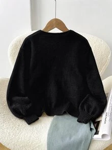 SHEIN 青少年女孩寬鬆休閒極簡舒適圓領長袖前綁帶蝴蝶結秋冬開襟衫 - 黑色 - 查看 2