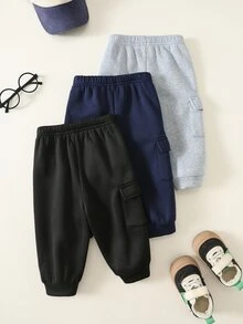 SHEIN 男女嬰兒 3件組 秋冬加厚抓絨內裡運動長褲 多件裝，男嬰冬季下裝慢跑褲 - 藏蓝色 - 查看 2