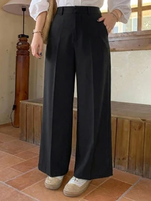 Dazy Plus Semi-Elastic Waist Solid Color Casual Fun Commute Versatile Office Wear Long Pants - Black - View 3