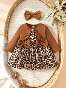 SHEIN Playful Pals 女童豹紋荷葉邊蝴蝶結前襟長袖兩件式套裝，假兩件式羅紋針織可愛秋季穿搭 - 彩色 - 查看 2