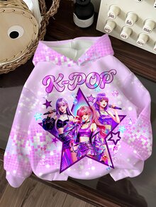 SHEIN 青少年女孩休閒可愛卡通女團印花 K-Pop 超級巨星款 厚實柔軟舒適連帽衛衣，適合秋冬穿著 - 彩色 - 查看 1