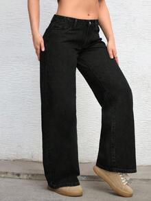 SHEIN CURVE+ Celana Jeans Denim Lurus Kasual Serbaguna untuk Wanita Ukuran Plus - Hitam - View 4