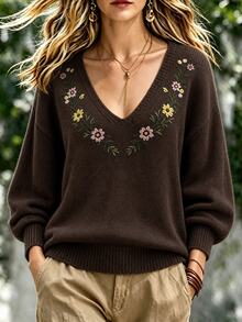 LUMIGAL Women's Autumn/Winter Casual Floral Embroidered Sweater - Beige - View 3