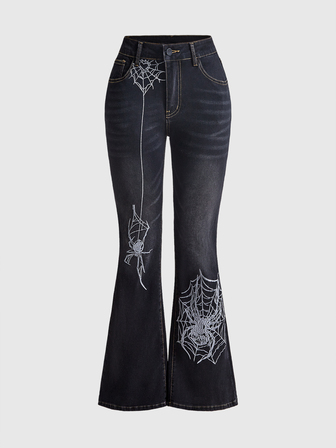 Goth Silberne Spinnenstickerei Vintage Sexy Damen Thermofutter Jeans