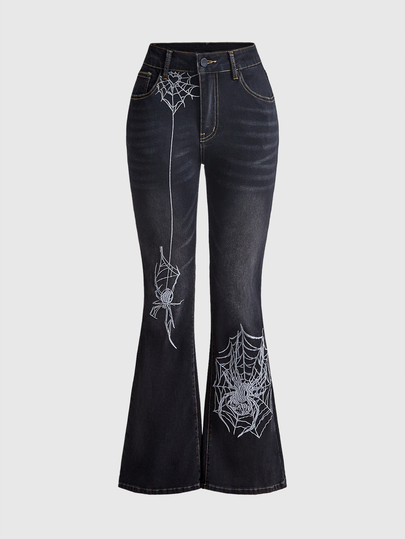Goth Silver Spider Embroidery Vintage Sexy Women's Thermal Lined Denim Jeans
