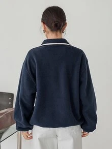 Dazy-Less Women's Colorblock Drop Shoulder Long Sleeve Button Half-Placket Casual Sweatshirt Business Casual Woman Fall - Navy Blue - View 2
