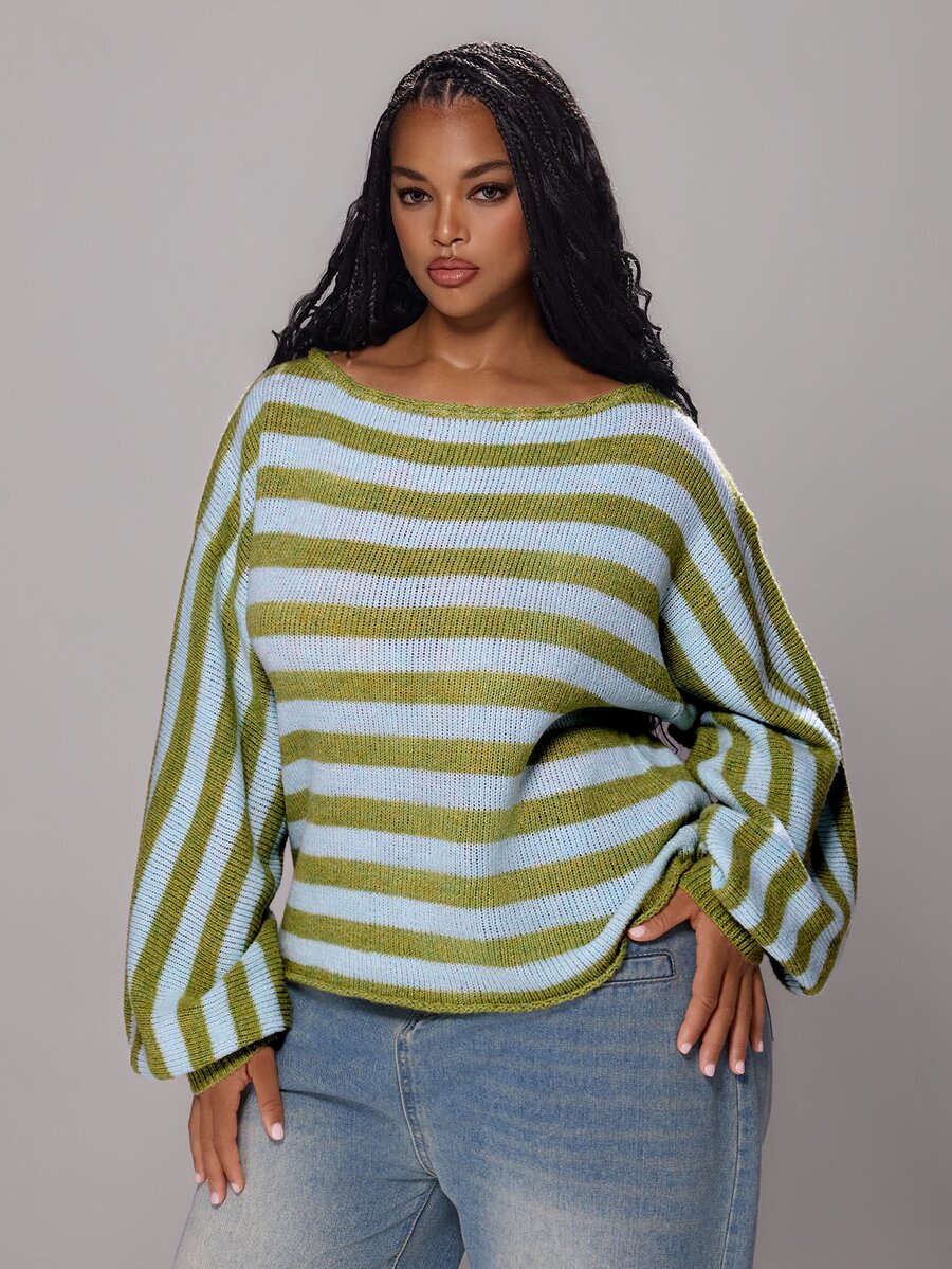 Rustia Women's Plus Size Loose Knit Striped Pullover Sweater - Green - View 1