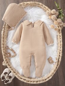 SHEIN Vintaside Kids 新生兒嬰兒針織連身衣，女嬰長袖套頭開襟羅馬式連身褲附足套褲，秋冬季節，杏色淺色，百搭日常穿著，麻花繩編織設計，時尚潮流，對比粉色蝴蝶結設計，優雅淑女風，可愛 - 卡其色 - 查看 2