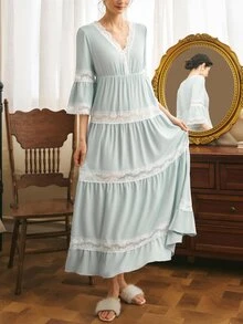 Côtesoire ثوب نوم نسائي أنيق مريح بتصميم دانتيل مرقع - أزرق فاتح اللون - مشاهدة 3