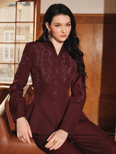 Anewsta Women's Patchwork Embroidered Single-Breasted Long Sleeve Elegant Blazer