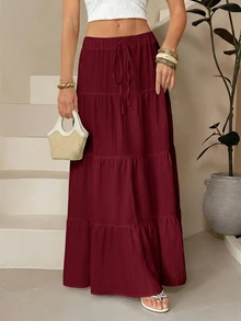 SHEIN Tall Rok Liburan Kasual Warna Polos untuk Wanita - Burgundy - View 4