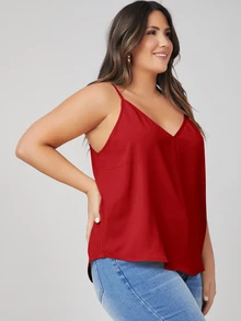 SHEIN BASICS 大尺碼純色細肩帶背心上衣 夏季女款上衣 夏日穿搭 - 紅色 - 查看 5