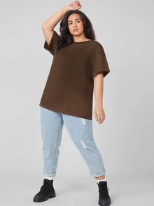 SHEIN BASICS 大尺碼捲袖口純色夏季上衣 - 咖啡棕 - 查看 5