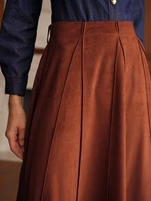 MOTF PREMIUM WOMEN'S SOLID COLOR SUEDE LONG SKIRT WITH BELT - Brown - View 5