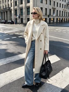 Struktiv Women's Autumn/Winter Fashion Long Solid Color H-Line Minimalist Double-Breasted Shoulder-Fit Wool Coat, Versatile For Date, Daily Commute, Party - Apricot - View 4