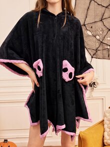 SHEIN Halloween Women's Cute Little Devil Cartoon Patchwork Flannel Hooded Cape, Home Slouchy Shawl Nap Blanket - Multicolor - View 7