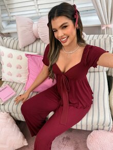 SweetSlumber Set Piyama Rajut Jacquard Wanita yang Manis & Imut, Dapat Dipakai Sebagai Pakaian Santai - Burgundy - View 4