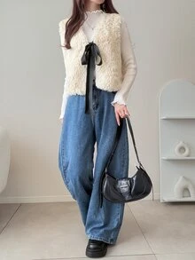 FRIFUL Women's Fashion Front Knot Faux Fur Vest - Apricot - View 8