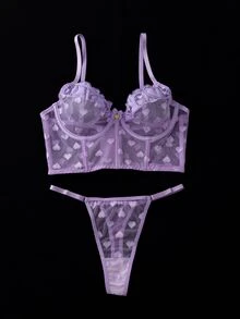 SHEIN 愛心網紗愛心蕾絲鋼圈內衣與丁字褲內衣兩件套 - 紫色 - 查看 7