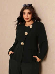 Elaquor Plus Size Women's Metal 3D Flower Button Long Sleeve Elegant Blazer Elegant Suit Women Fall/Winter Elegant Office Business Work Suit Set For Women - Black - View 4