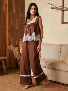 Lullawish Bohemian Style Women's Contrast Color Lace Ruffle Short Sleeve Long Pants Pajama Set - Brown - View 4