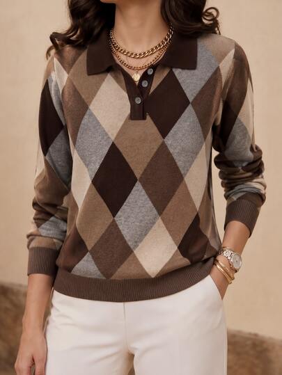 GlowEve CURVE Plus Size Women's Diamond Pattern Polo Collar Long Sleeve Casual Pullover Sweater