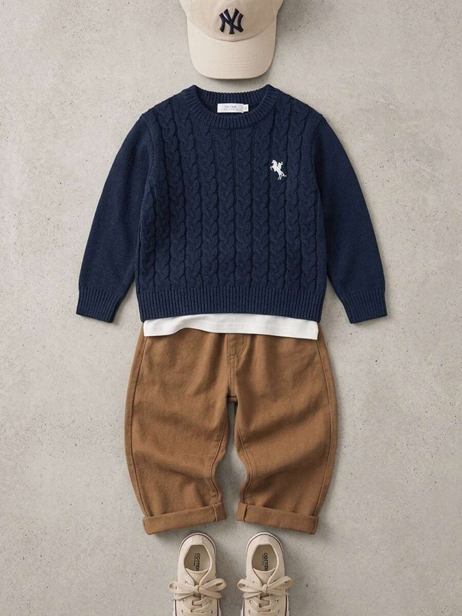 SHEIN 兒童小男孩秋冬毛衣,柔軟舒適學院風英倫風校服,適合返校日、職業日、聖誕節、萬聖節、生日 - 藏蓝色 - 查看 1