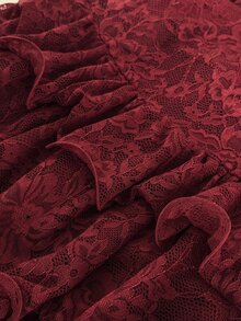 Viva Relle Burgundy Sheer Floral Lace Spaghetti Strap Mini Dress Scallop Lace Neckline Ruffled Voluminous Tier Hem Homecoming Holiday Cocktail Party Gown - Burgundy - View 6