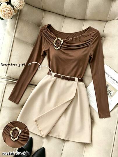 Resyla Women's Fall 2 Piece Skirt Set, Long Sleeve Ruched Top With Metal Buckle, High Waist Wrap Mini Skirt, Elegant Casual Going Out Outfit