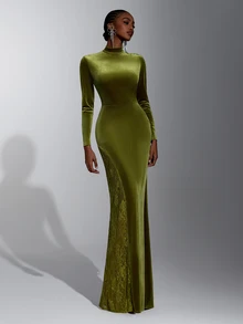 Elitara Elegant Olive Green Lace Velvet Stand Collar Long Sleeve Slit A-Line Bridesmaid Dress - Olive Green - View 1