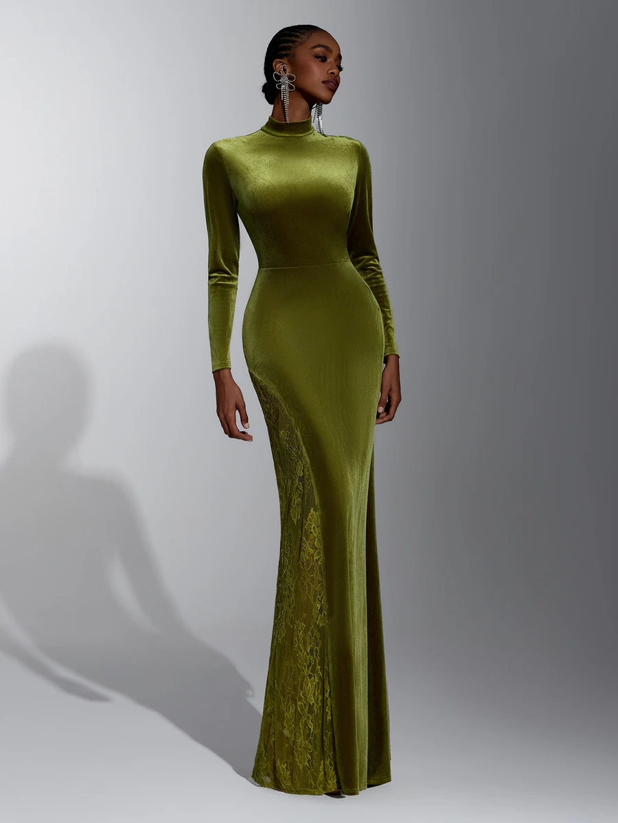 Elitara Elegant Olive Green Lace Velvet Stand Collar Long Sleeve Slit A-Line Bridesmaid Dress - Olive Green - View 1