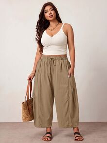 Enliva Plus Size Loose Fit Drawstring Casual Cropped Pants - Khaki - View 2