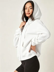 SHEIN BASICS 舒適抓絨落肩拉鍊連帽衛衣，秋冬長袖上衣 - 白色 - 查看 5