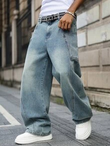 Major Grit Celana Jeans Denim Pria Model Lebar, Longgar, Kasual, Serbaguna dengan Kantong - Light Wash - View 7