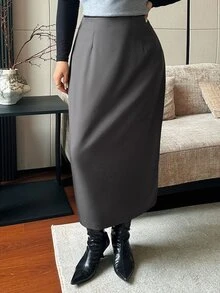 Dazy Plus Solid Color Fun Commuter Straight Slit Skirt - Dark Grey - View 7